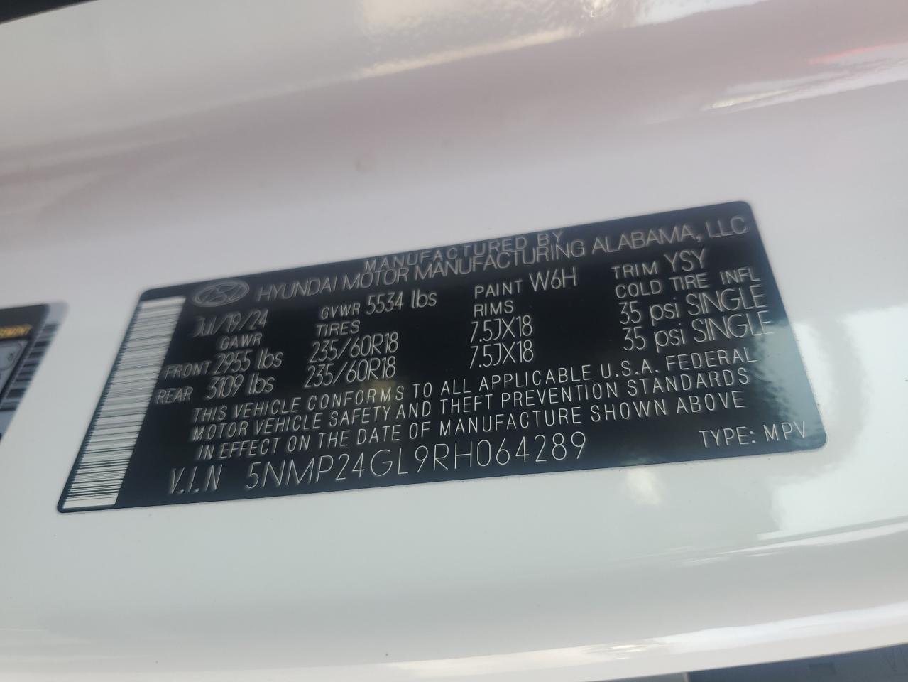 2024 HYUNDAI SANTA FE SEL VIN:5NMP24GL9RH064289