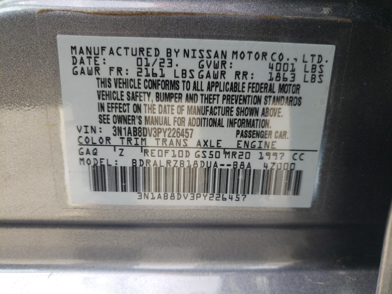 2023 NISSAN SENTRA SR VIN:3N1AB8DV3PY226457