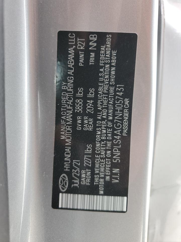 2022 HYUNDAI ELANTRA SEL VIN:5NPLS4AG7NH057431