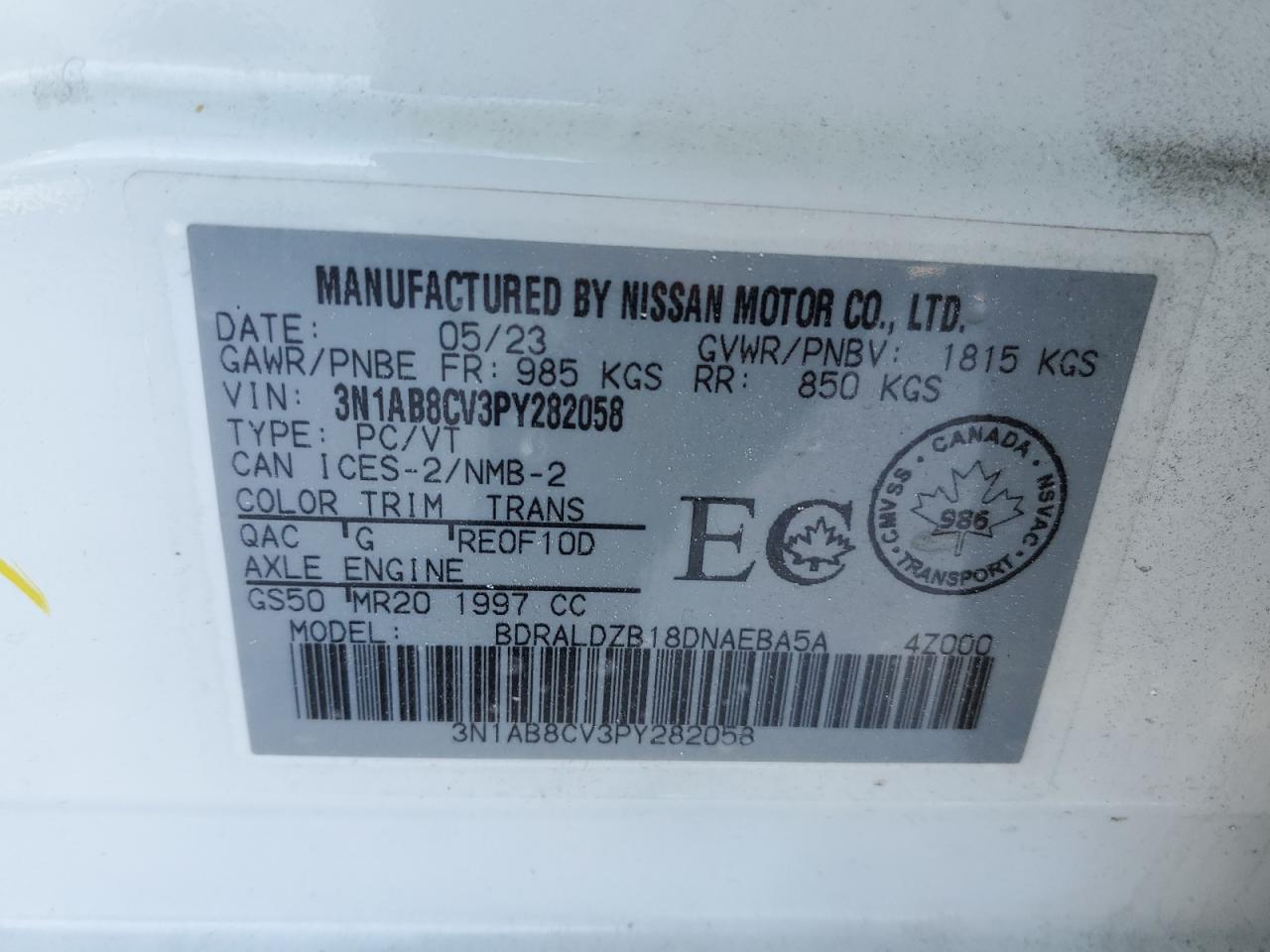 2023 NISSAN SENTRA SV VIN:3N1AB8CV3PY282058