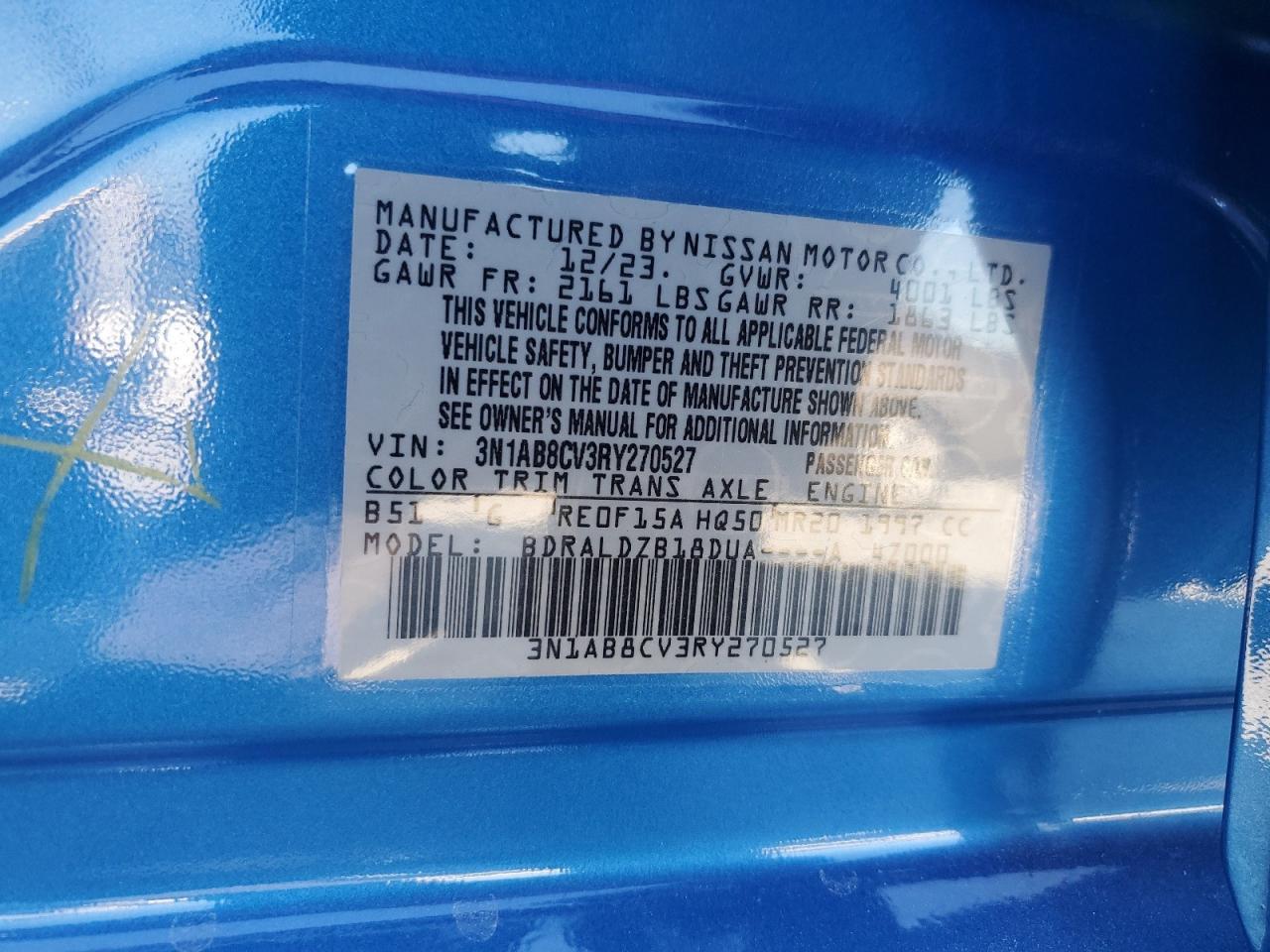 2024 NISSAN SENTRA SV VIN:3N1AB8CV3RY270527