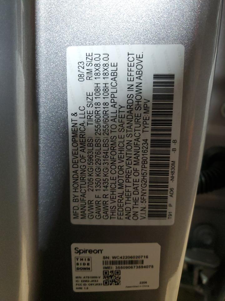 2023 HONDA PILOT EXL VIN:5FNYG2H57PB016234