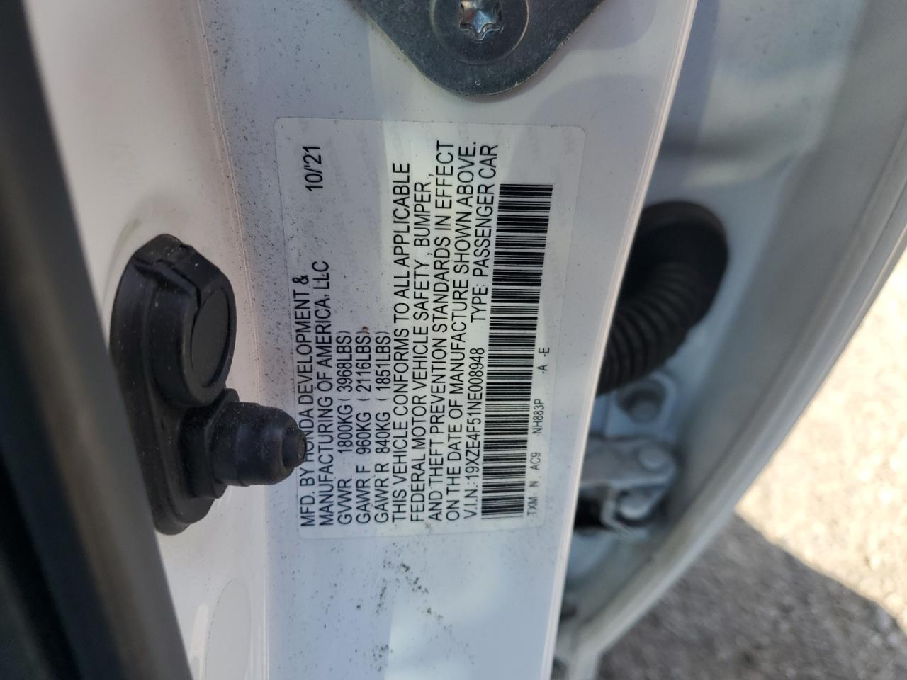 2022 HONDA INSIGHT EX VIN:19XZE4F51NE008948