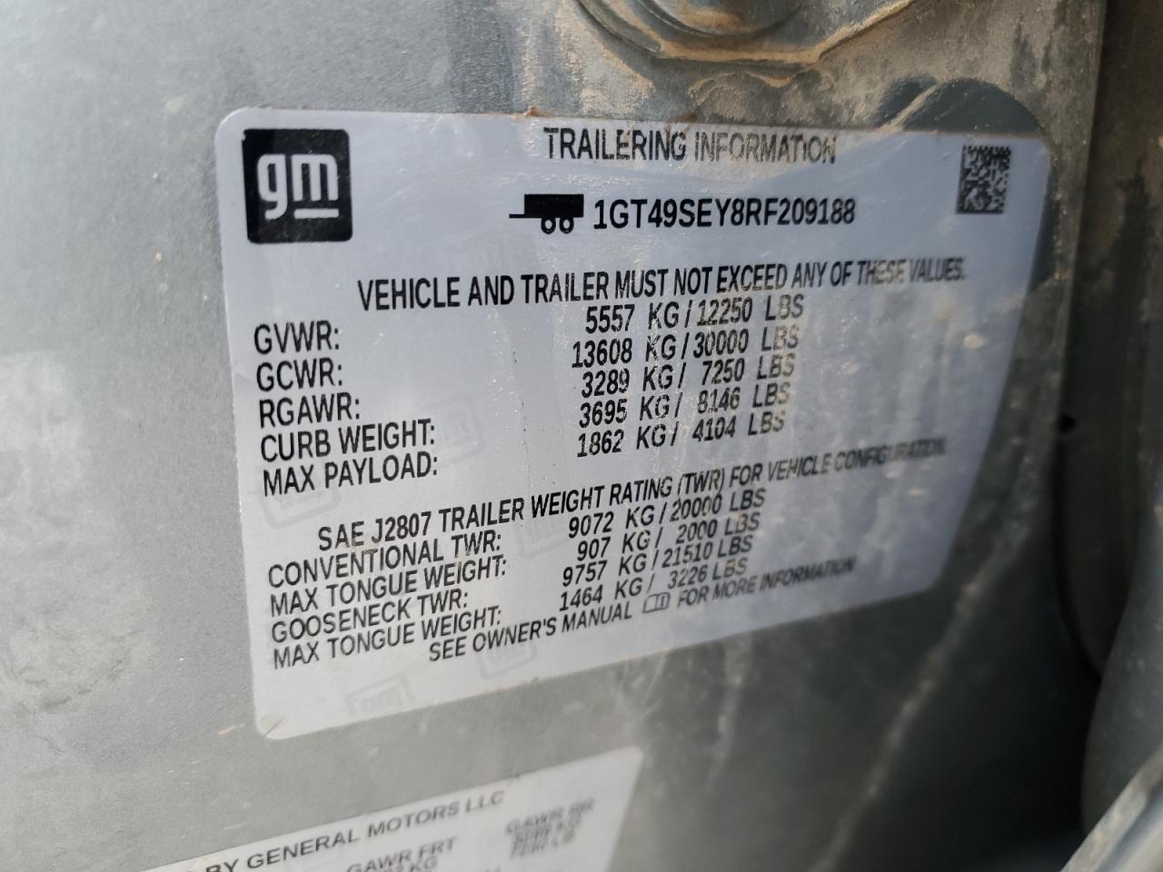 2024 GMC SIERRA K3500 VIN:1GT49SEY8RF209188