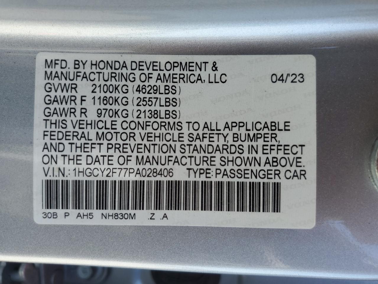 2023 HONDA ACCORD HYBRID SPORT-L VIN:1HGCY2F77PA028406