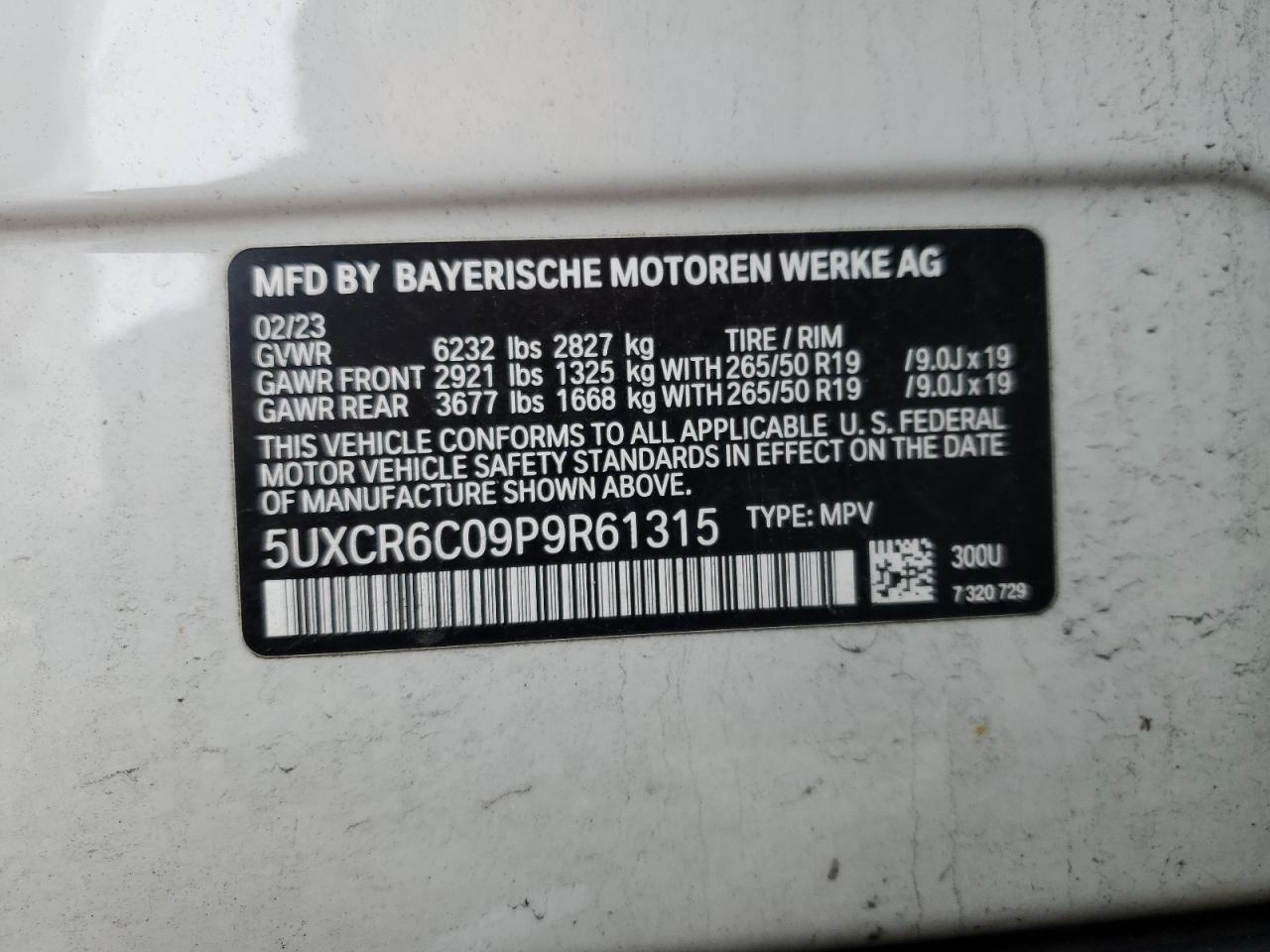 2023 BMW X5 XDRIVE40I VIN:5UXCR6C09P9R61315