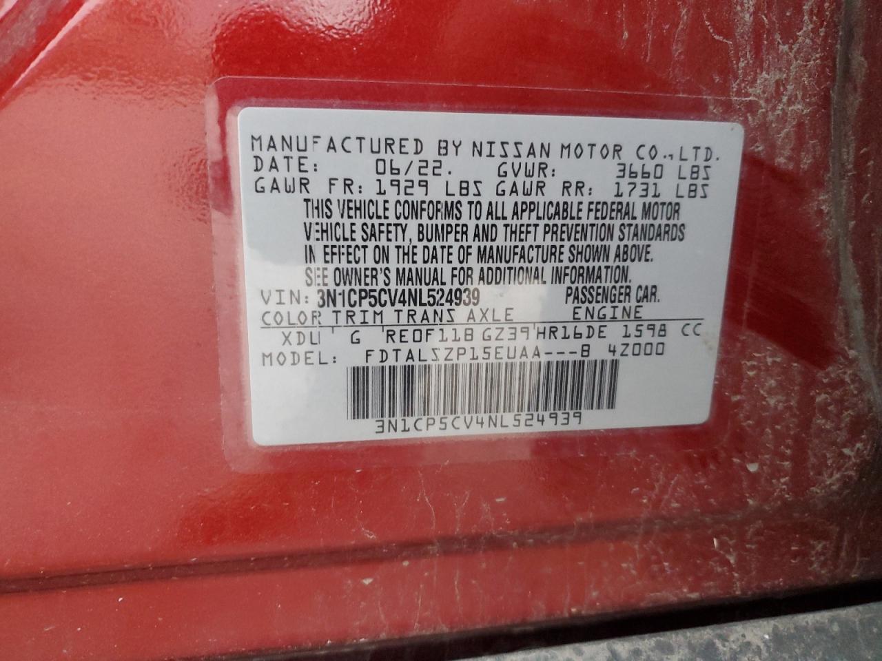 2022 NISSAN KICKS SV VIN:3N1CP5CV4NL524939