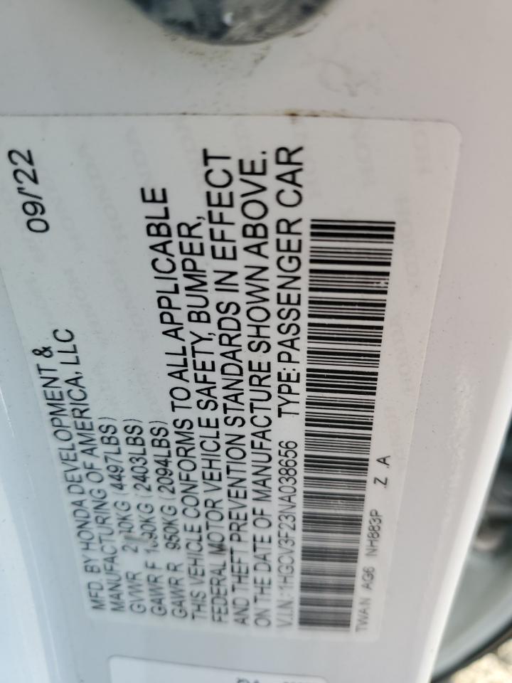 2022 HONDA ACCORD HYBRID SPORT VIN:1HGCV3F23NA038656
