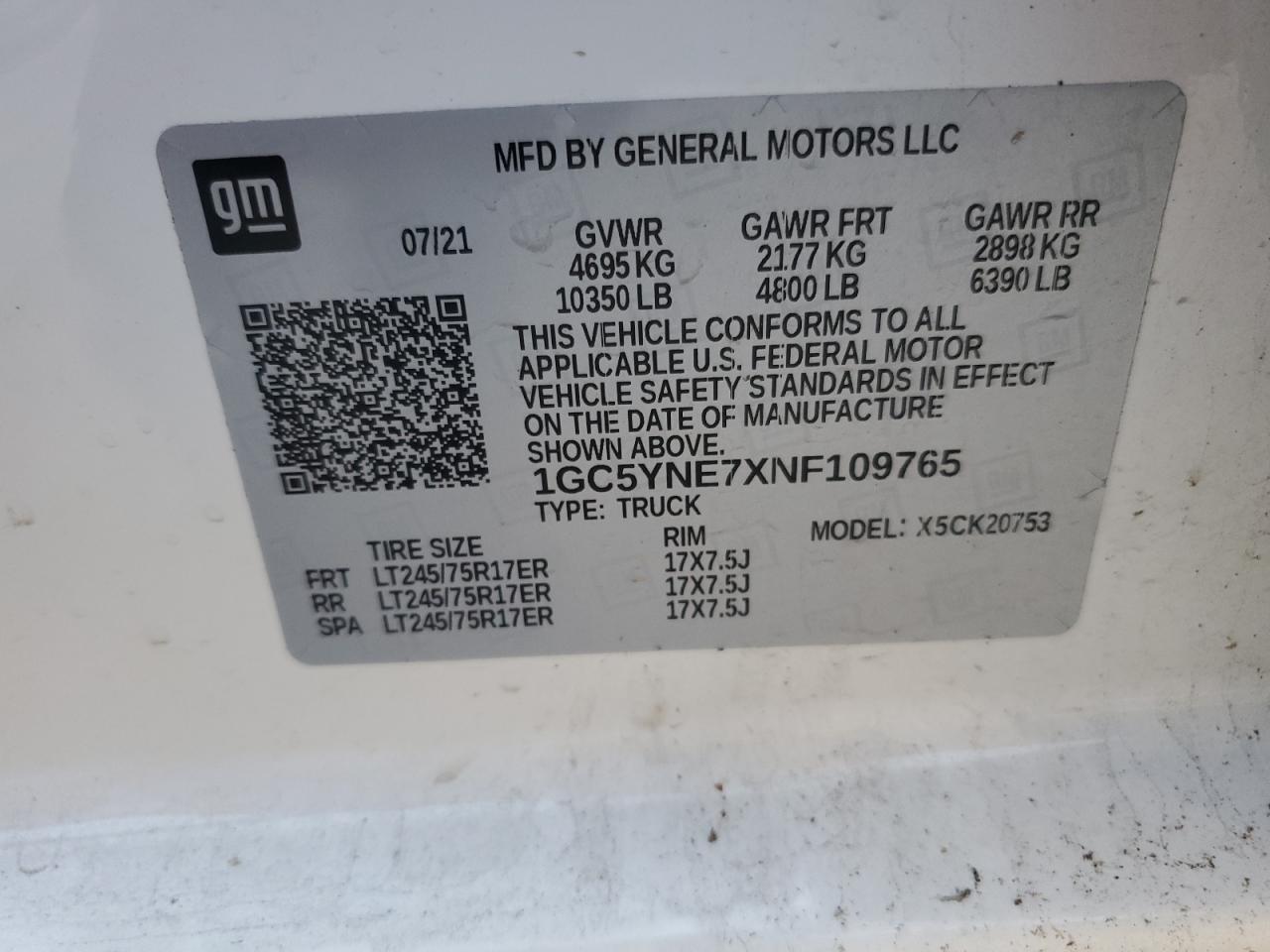 2022 CHEVROLET SILVERADO K2500 HEAVY DUTY LT VIN:1GC5YNE7XNF109765