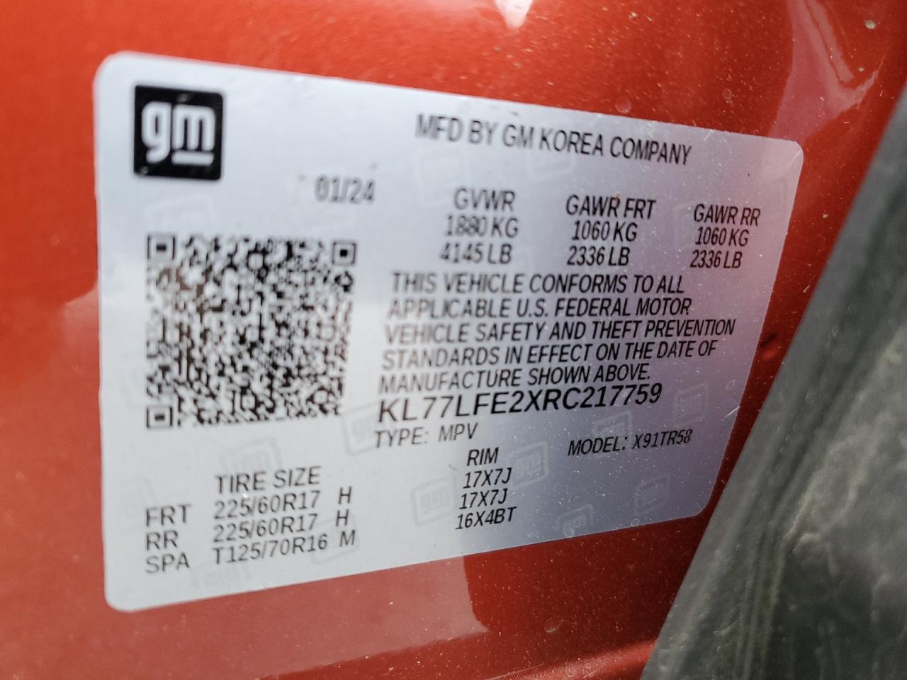 2024 CHEVROLET TRAX LS VIN:KL77LFE2XRC217759