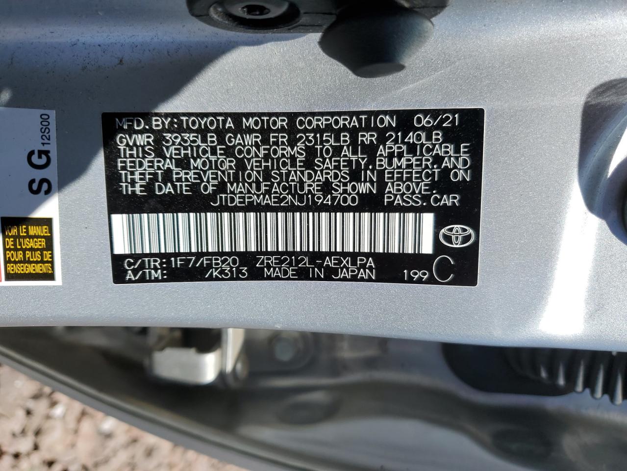 2022 TOYOTA COROLLA LE VIN:JTDEPMAE2NJ194700