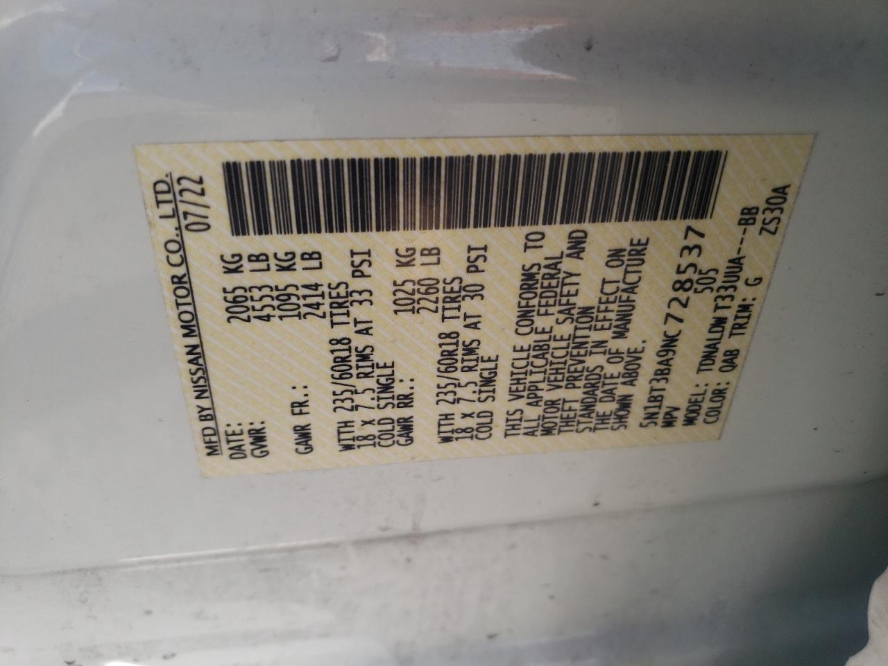 2022 NISSAN ROGUE SV VIN:5N1BT3BA9NC728537