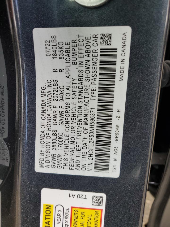 2022 HONDA CIVIC SPORT VIN:2HGFE2F50NH596371