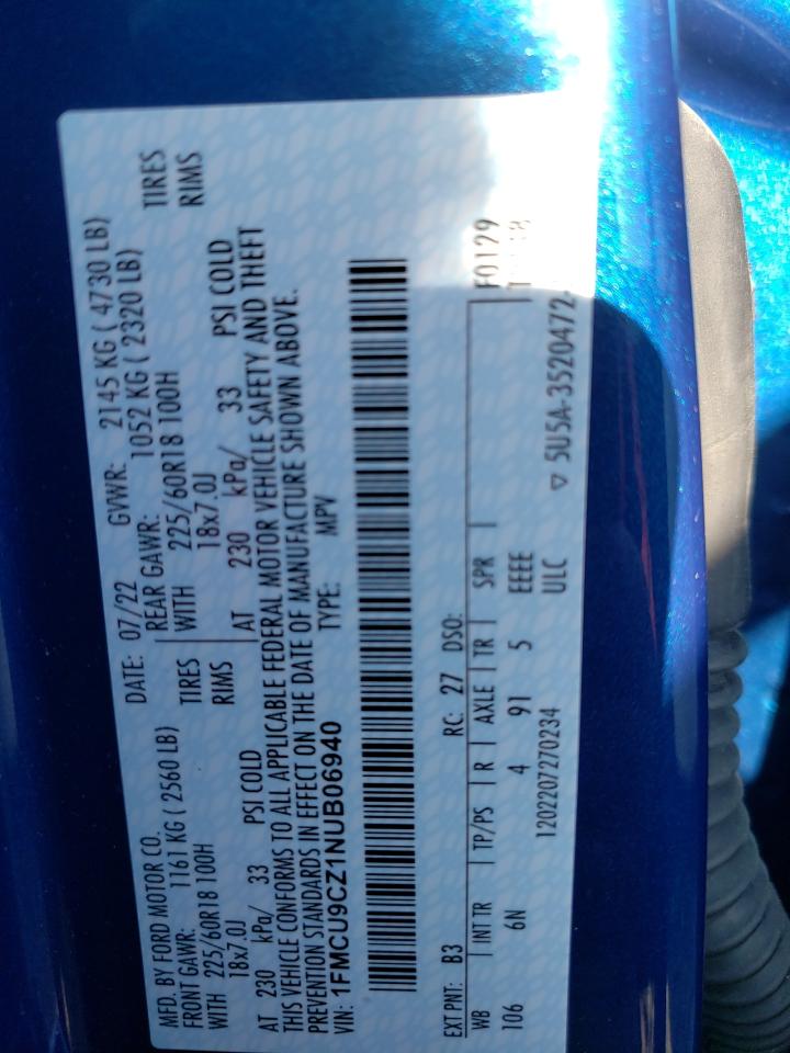 2022 FORD ESCAPE SEL VIN:1FMCU9CZ1NUB06940