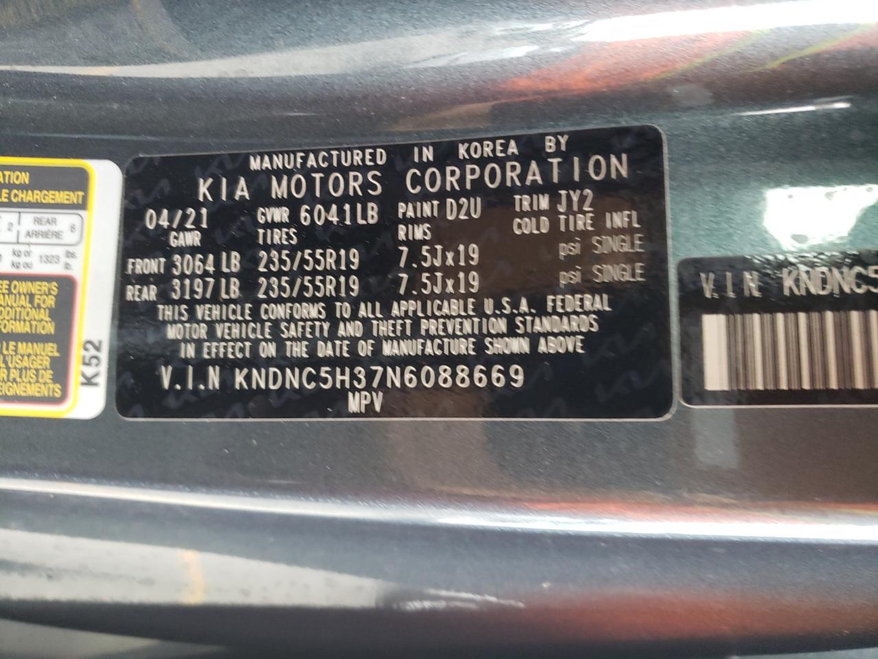 2022 KIA CARNIVAL EX VIN:KNDNC5H37N6088669