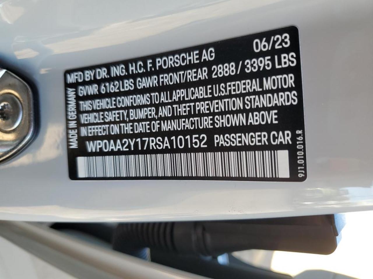 2024 PORSCHE TAYCAN  VIN:WP0AA2Y17RSA10152