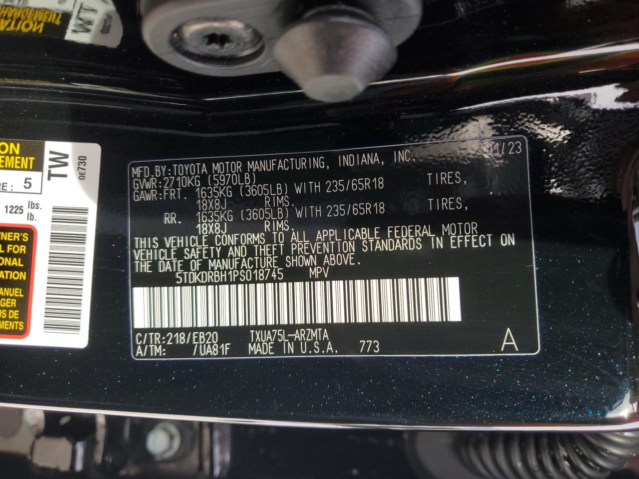 2023 TOYOTA HIGHLANDER L VIN:5TDKDRBH1PS018745