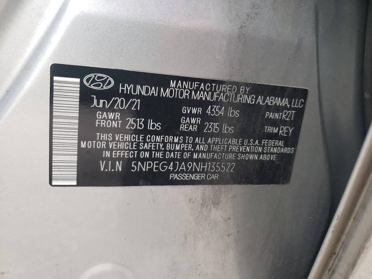 2022 HYUNDAI SONATA SE VIN:5NPEG4JA9NH135522