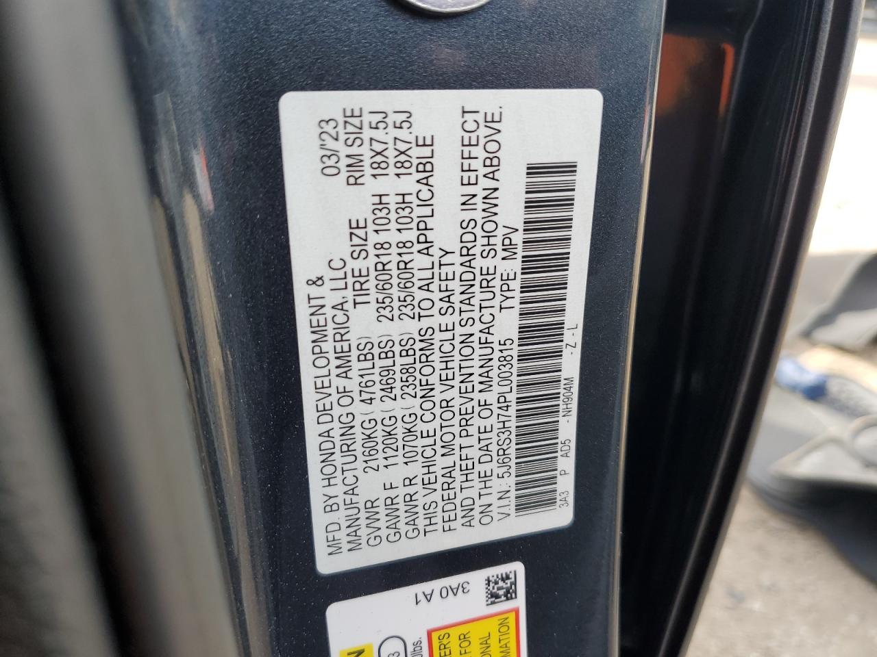 2023 HONDA CR-V EXL VIN:5J6RS3H74PL003815