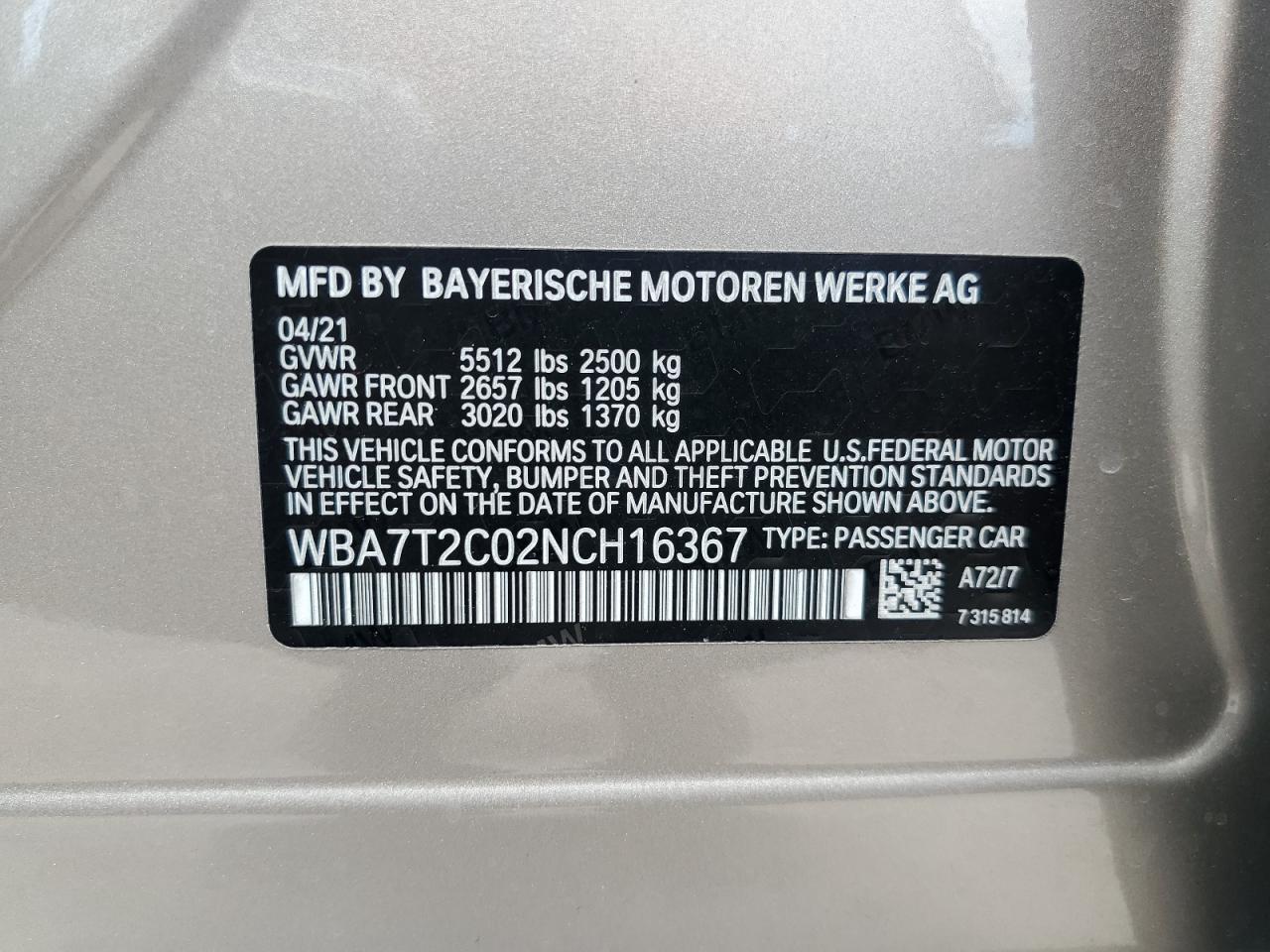 2022 BMW 740 I VIN:WBA7T2C02NCH16367