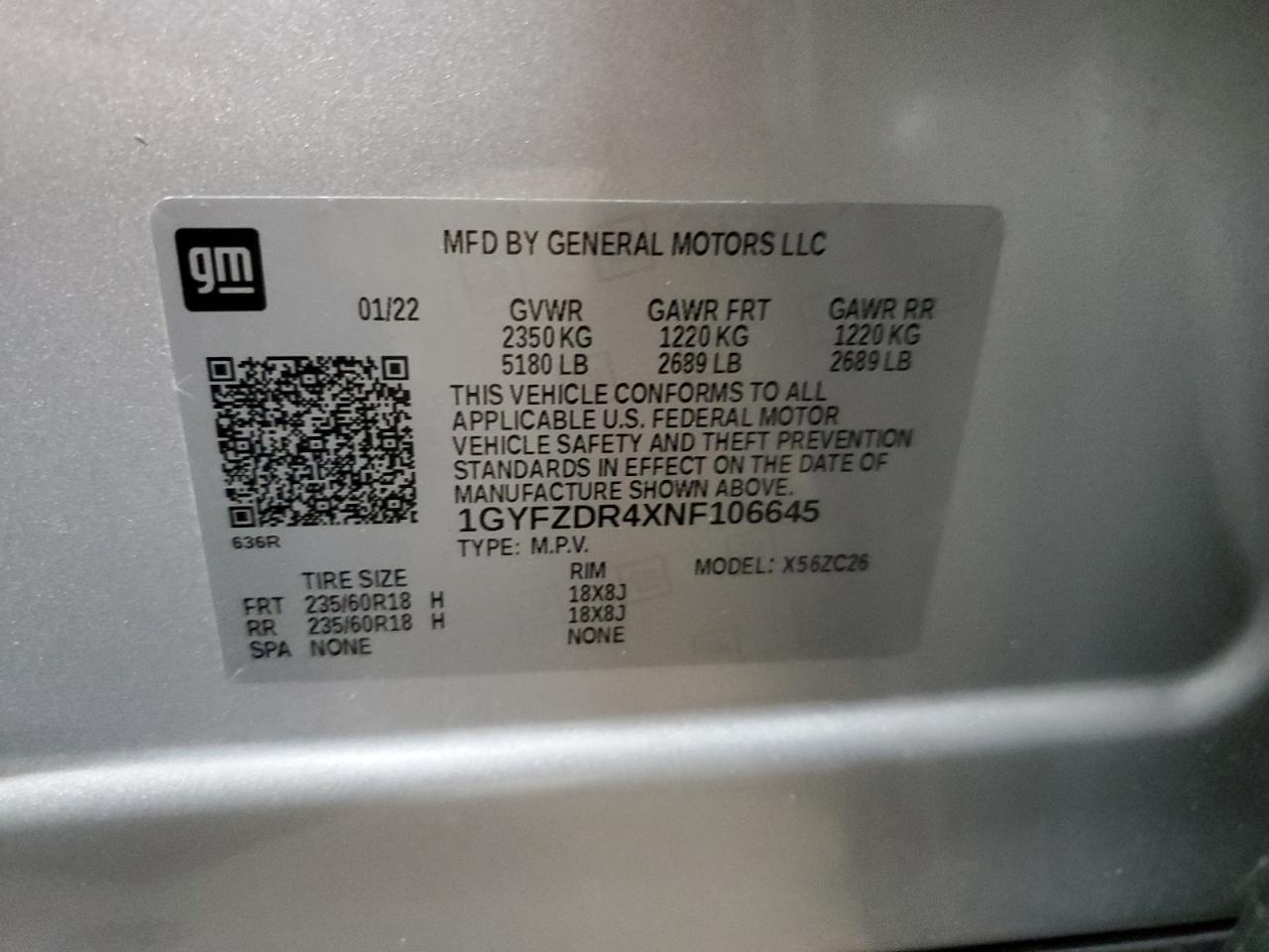 2022 CADILLAC XT4 PREMIUM LUXURY VIN:1GYFZDR4XNF106645