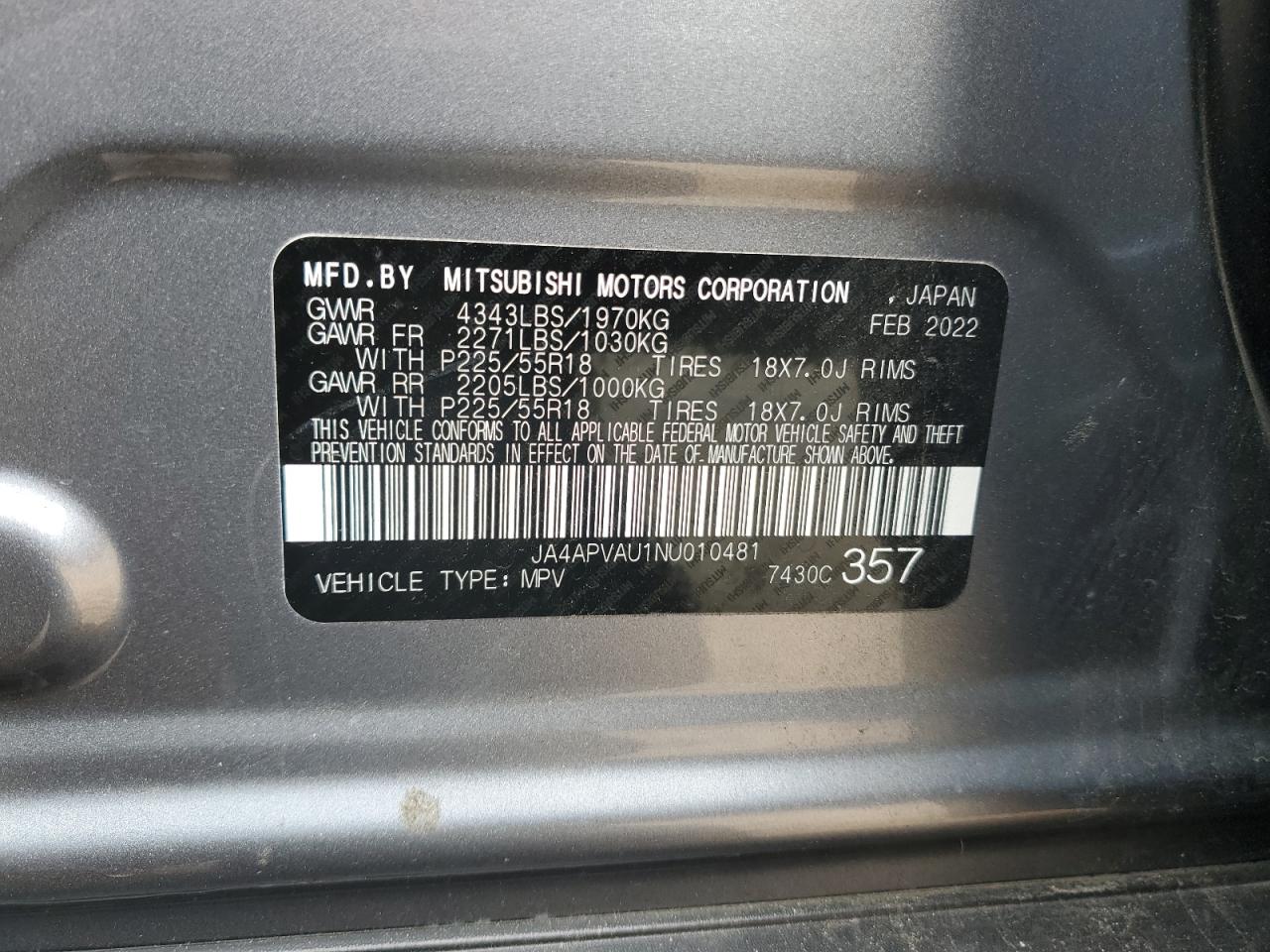 2022 MITSUBISHI OUTLANDER SPORT SE VIN:JA4APVAU1NU010481