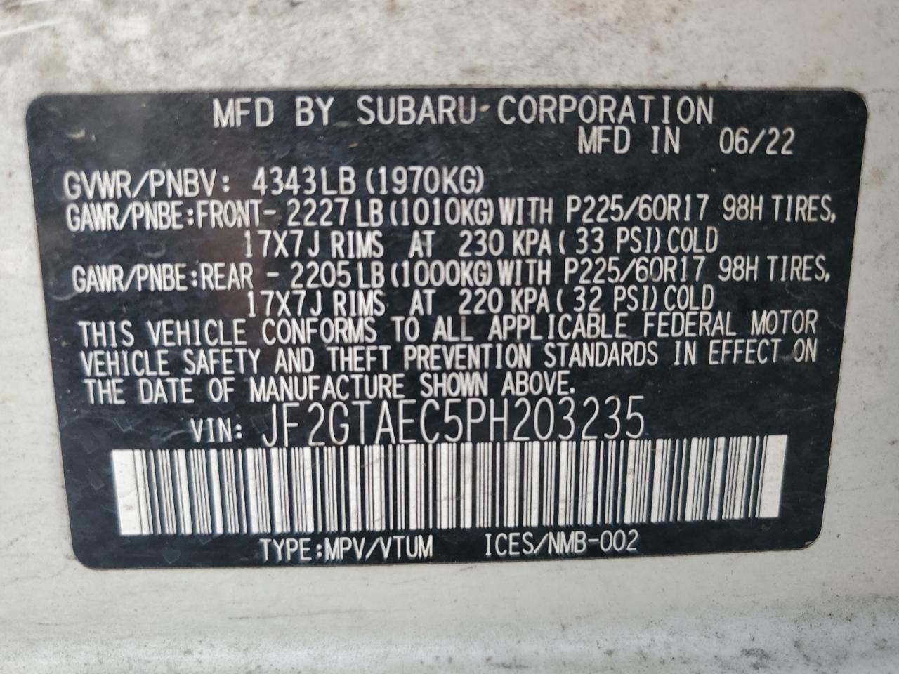 2023 SUBARU CROSSTREK PREMIUM VIN:JF2GTAEC5PH203235