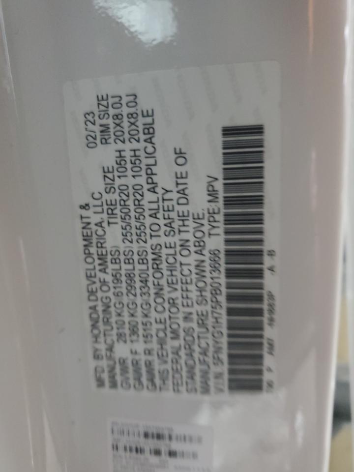 2023 HONDA PILOT TOURING VIN:5FNYG1H75PB013666