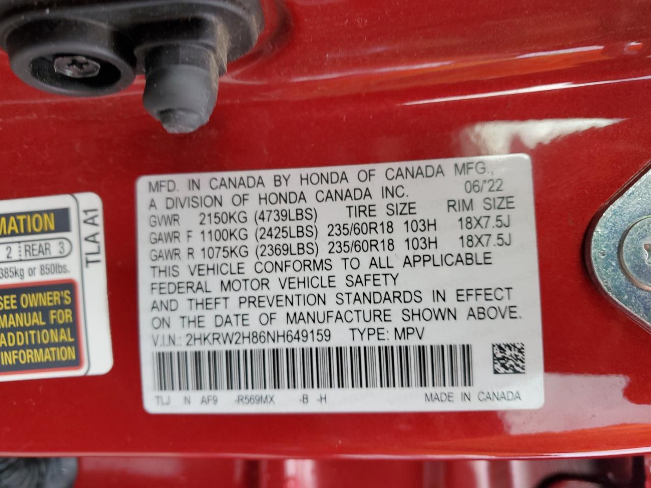 2022 HONDA CR-V EXL VIN:2HKRW2H86NH649159