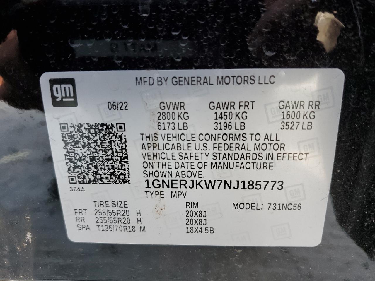 2022 CHEVROLET TRAVERSE RS VIN:1GNERJKW7NJ185773