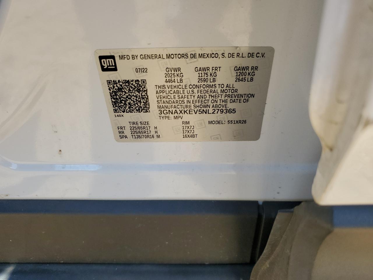 2022 CHEVROLET EQUINOX LT VIN:3GNAXKEV5NL279365