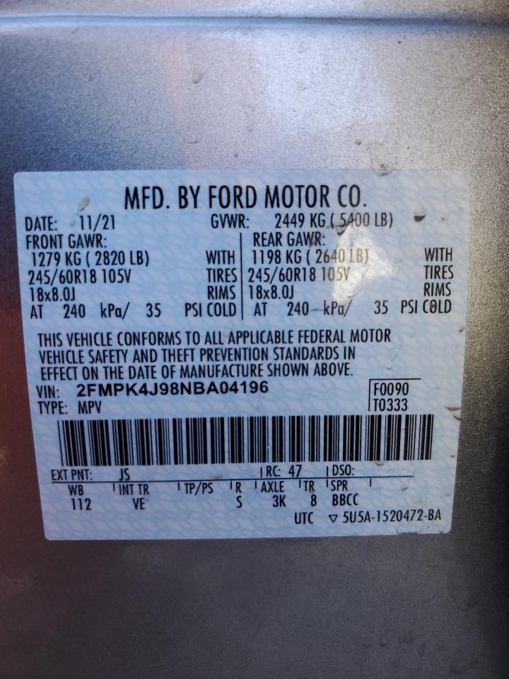 2022 FORD EDGE SEL VIN:2FMPK4J98NBA04196