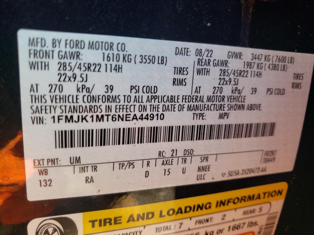 2022 FORD EXPEDITION MAX PLATINUM VIN:1FMJK1MT6NEA44910