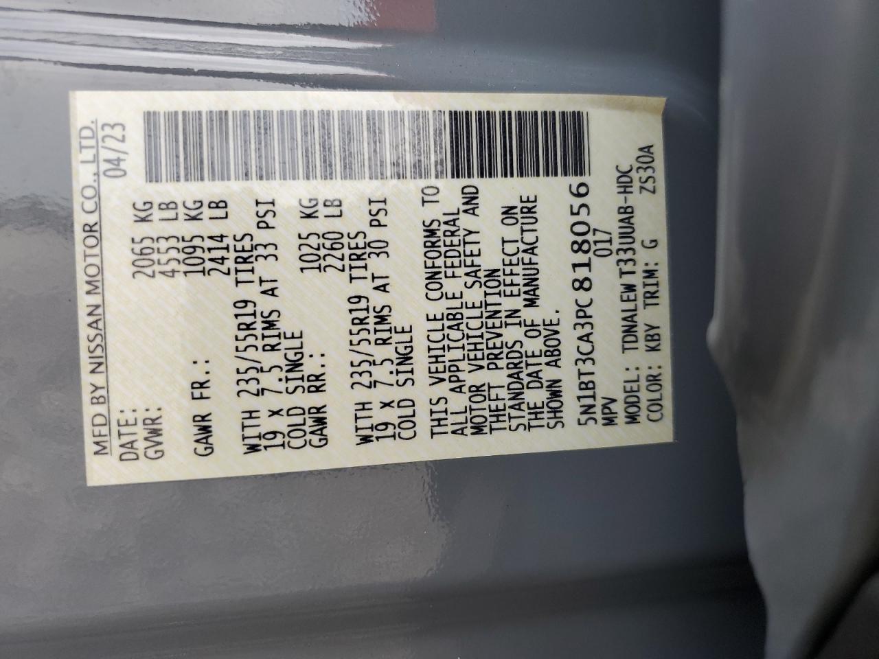 2023 NISSAN ROGUE SL VIN:5N1BT3CA3PC818056