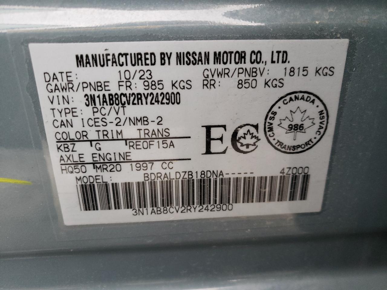 2024 NISSAN SENTRA SV VIN:3N1AB8CV2RY242900