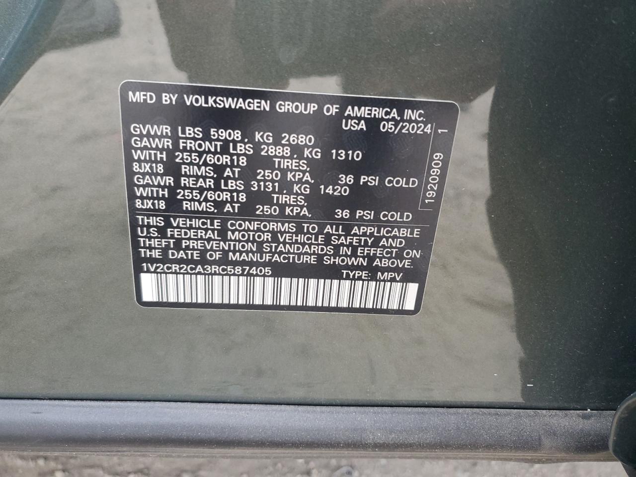 2024 VOLKSWAGEN ATLAS PEAK EDITION SE VIN:1V2CR2CA3RC587405