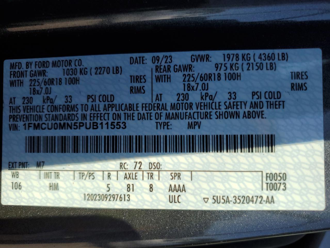 2023 FORD ESCAPE ST LINE VIN:1FMCU0MN5PUB11553