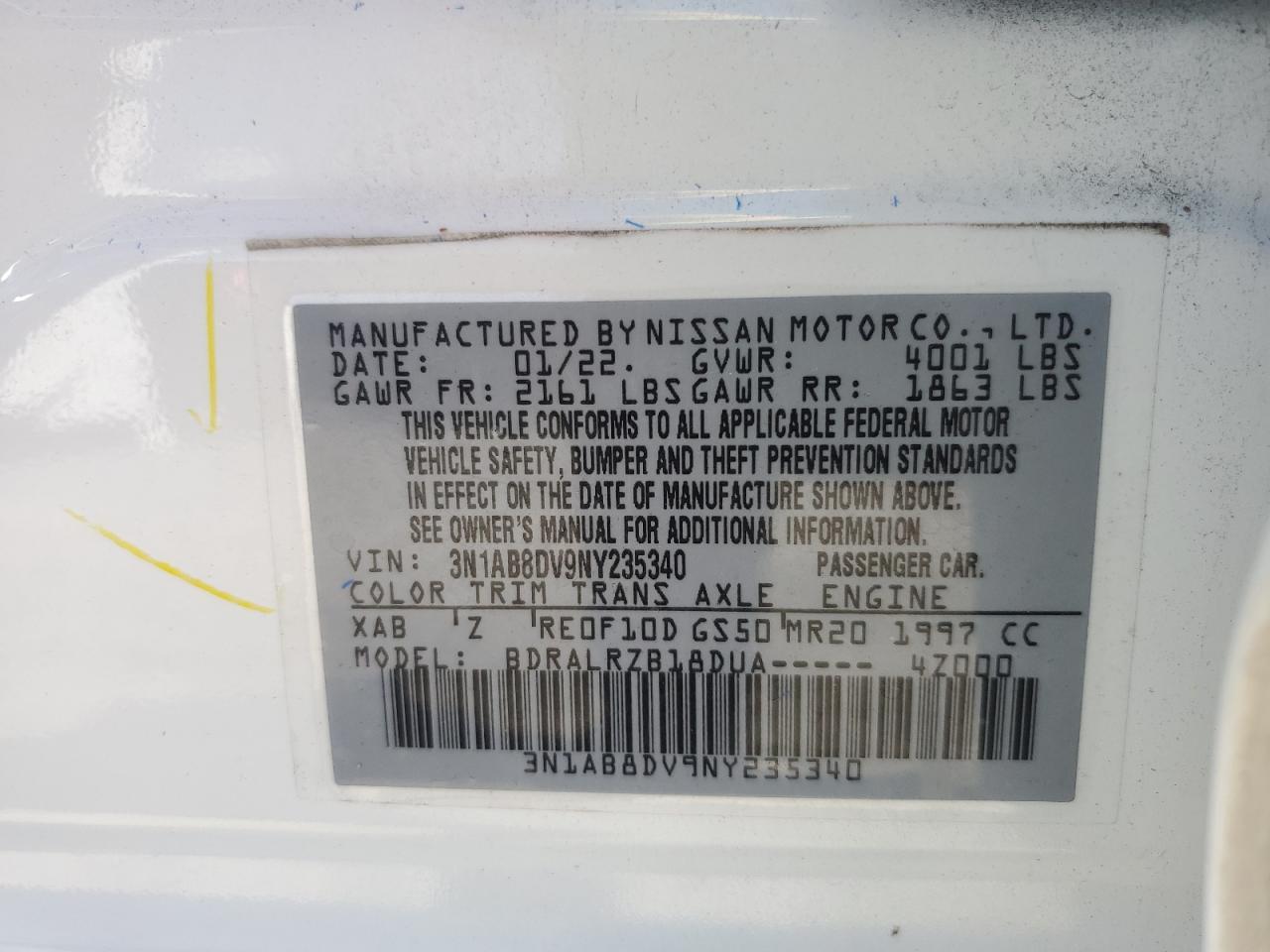 2022 NISSAN SENTRA SR VIN:3N1AB8DV9NY235340