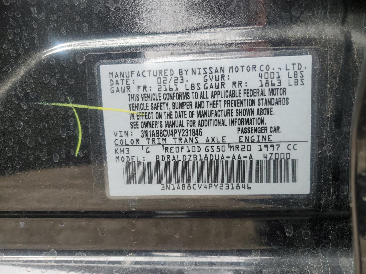 2023 NISSAN SENTRA SV VIN:3N1AB8CV4PY231846