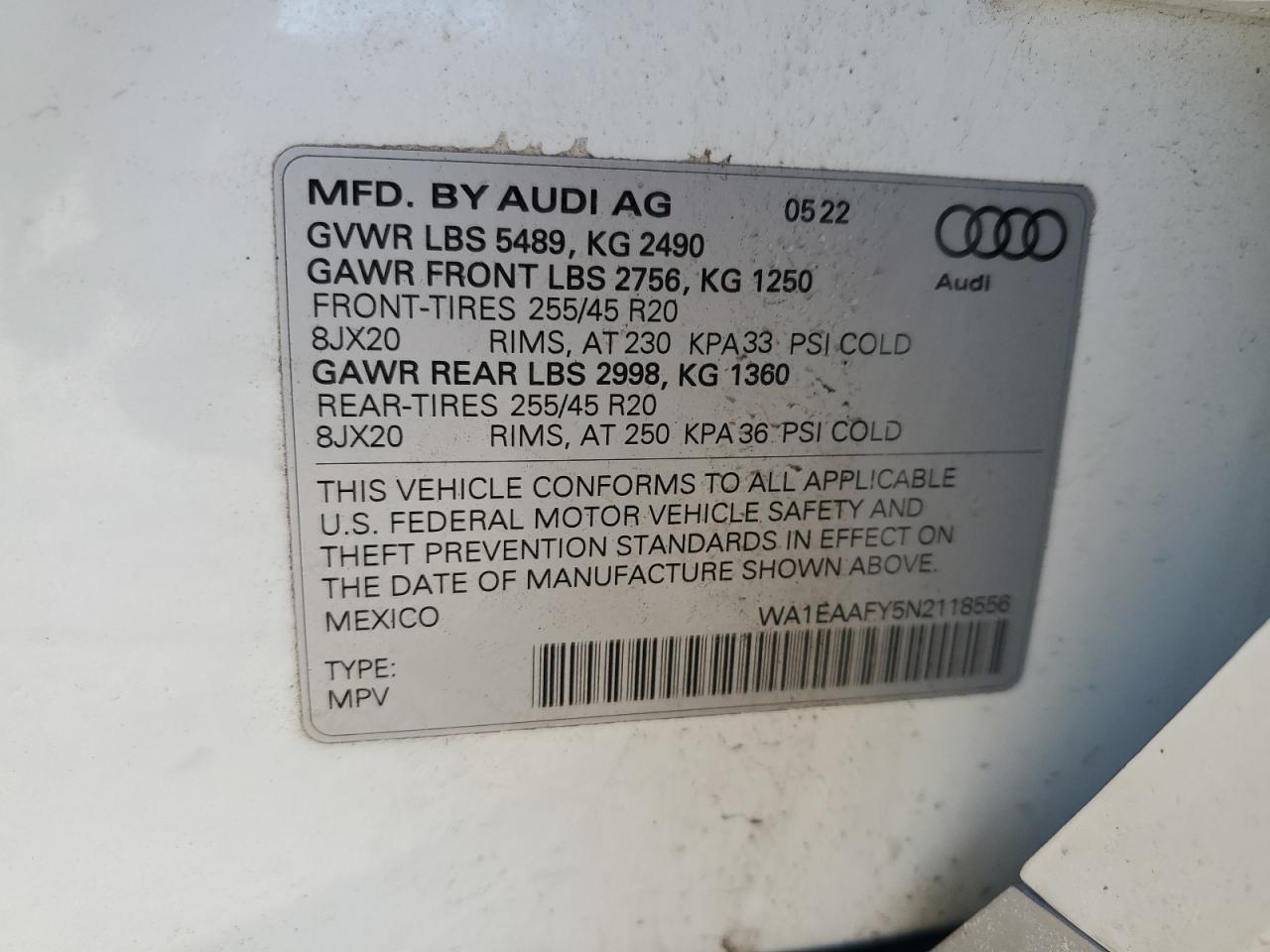 2022 AUDI Q5 PREMIUM PLUS 45 VIN:WA1EAAFY5N2118556