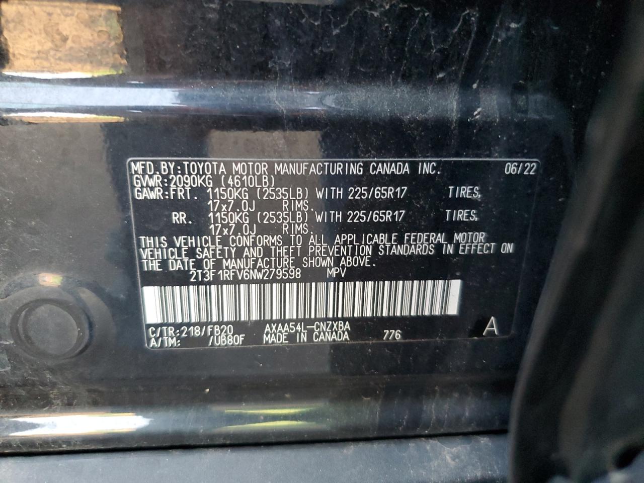 2022 TOYOTA RAV4 LE VIN:2T3F1RFV6NW279598