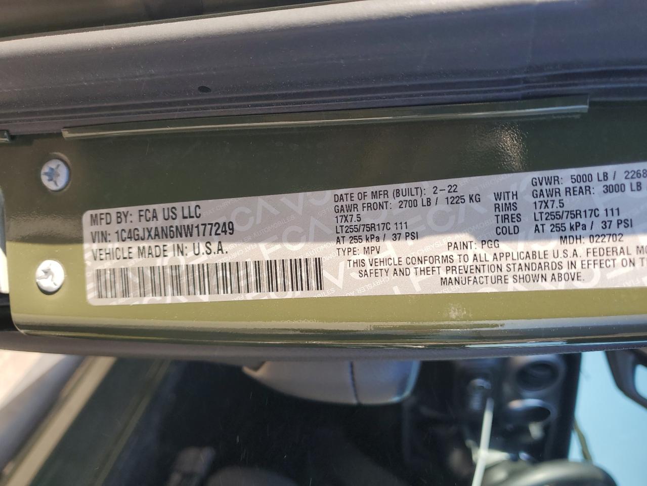 2022 JEEP WRANGLER SPORT VIN:1C4GJXAN6NW177249