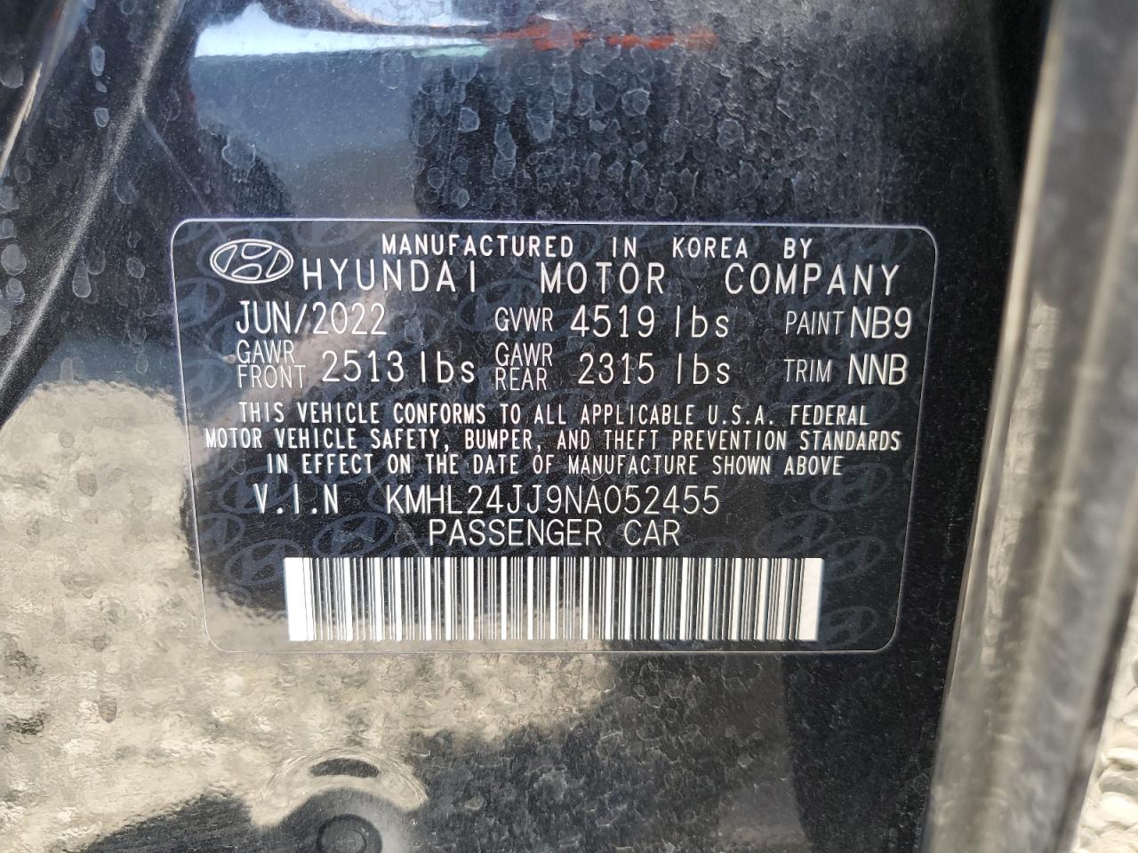 2022 HYUNDAI SONATA HYBRID VIN:KMHL24JJ9NA052455