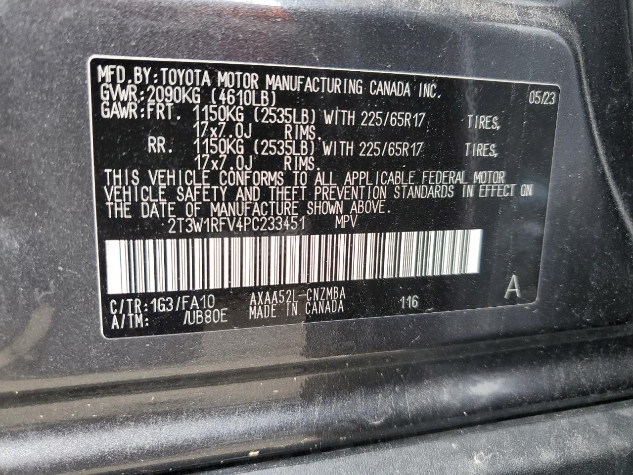 2023 TOYOTA RAV4 XLE VIN:P116757          