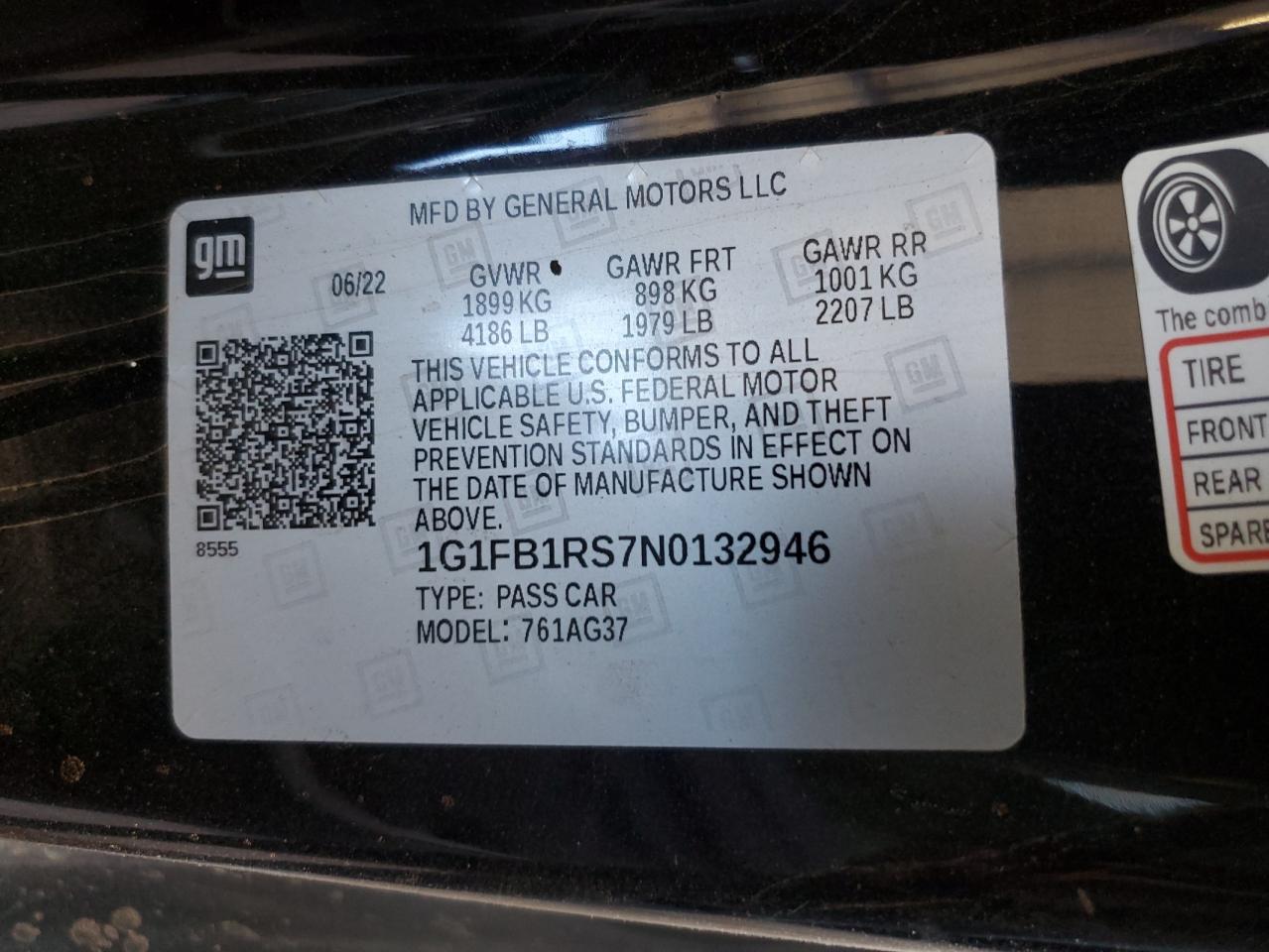 2022 CHEVROLET CAMARO LS VIN:1G1FB1RS7N0132946