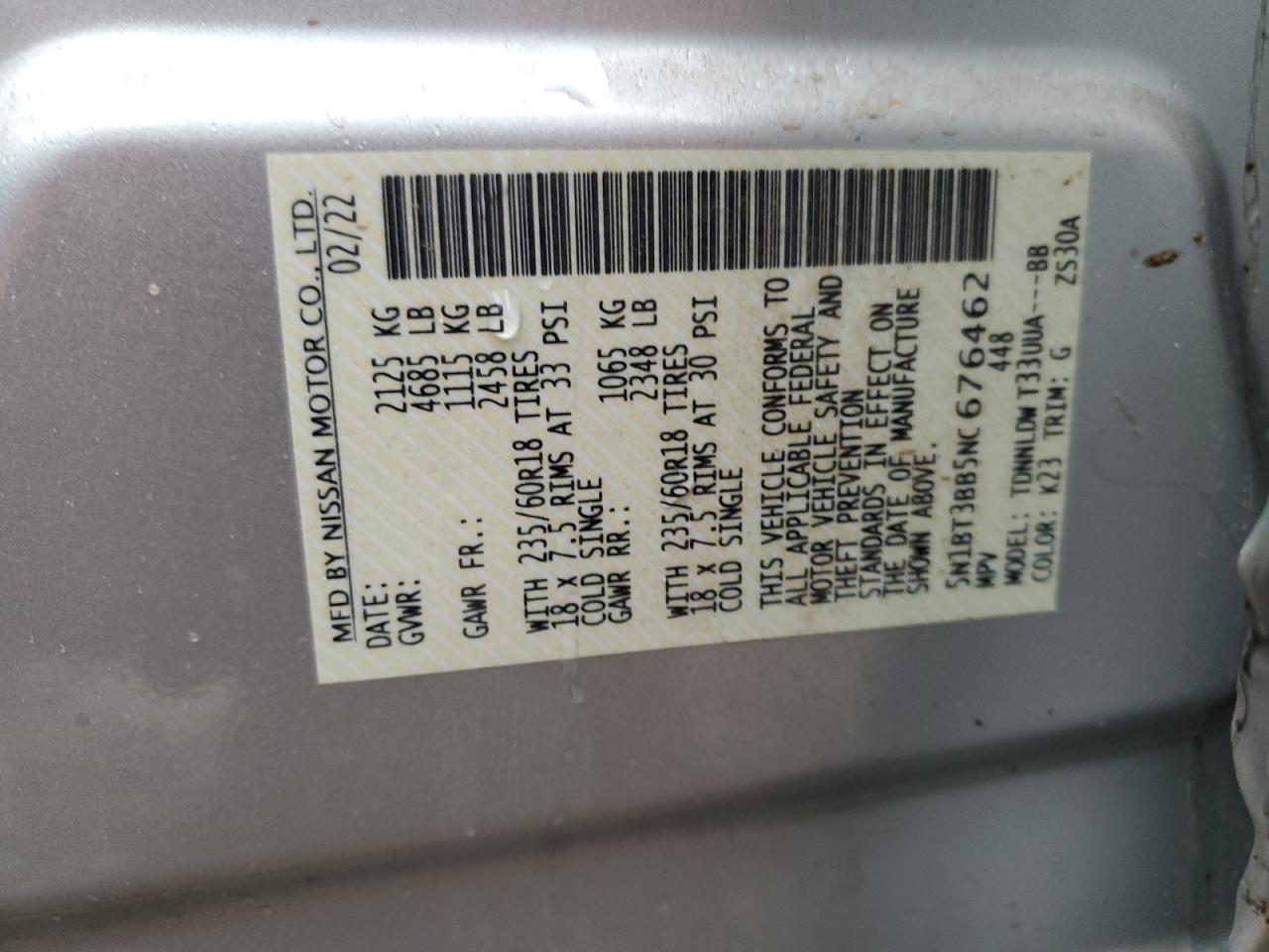2022 NISSAN ROGUE SV VIN:5N1BT3BB5NC676462