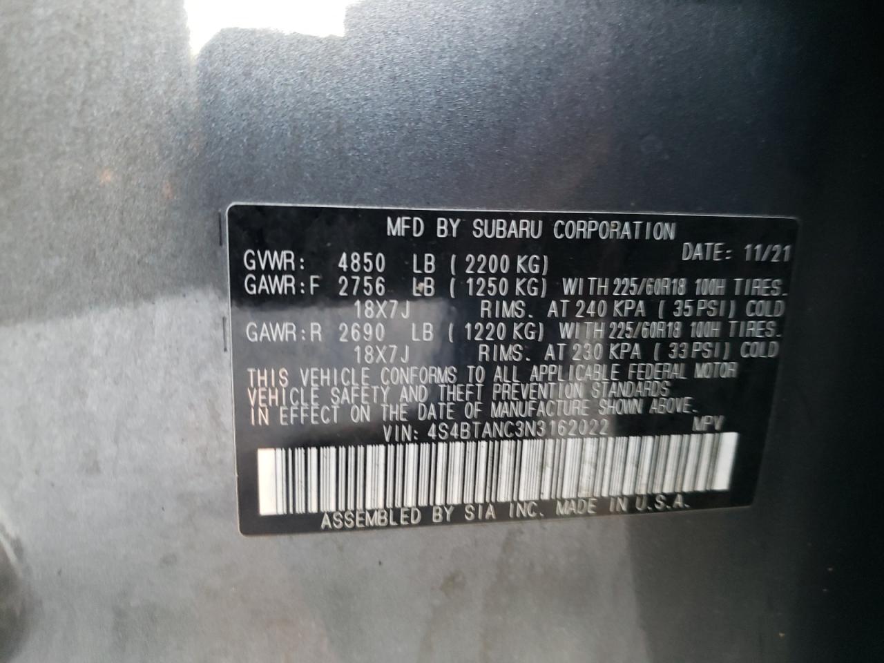 2022 SUBARU OUTBACK LIMITED VIN:4S4BTANC3N3162022