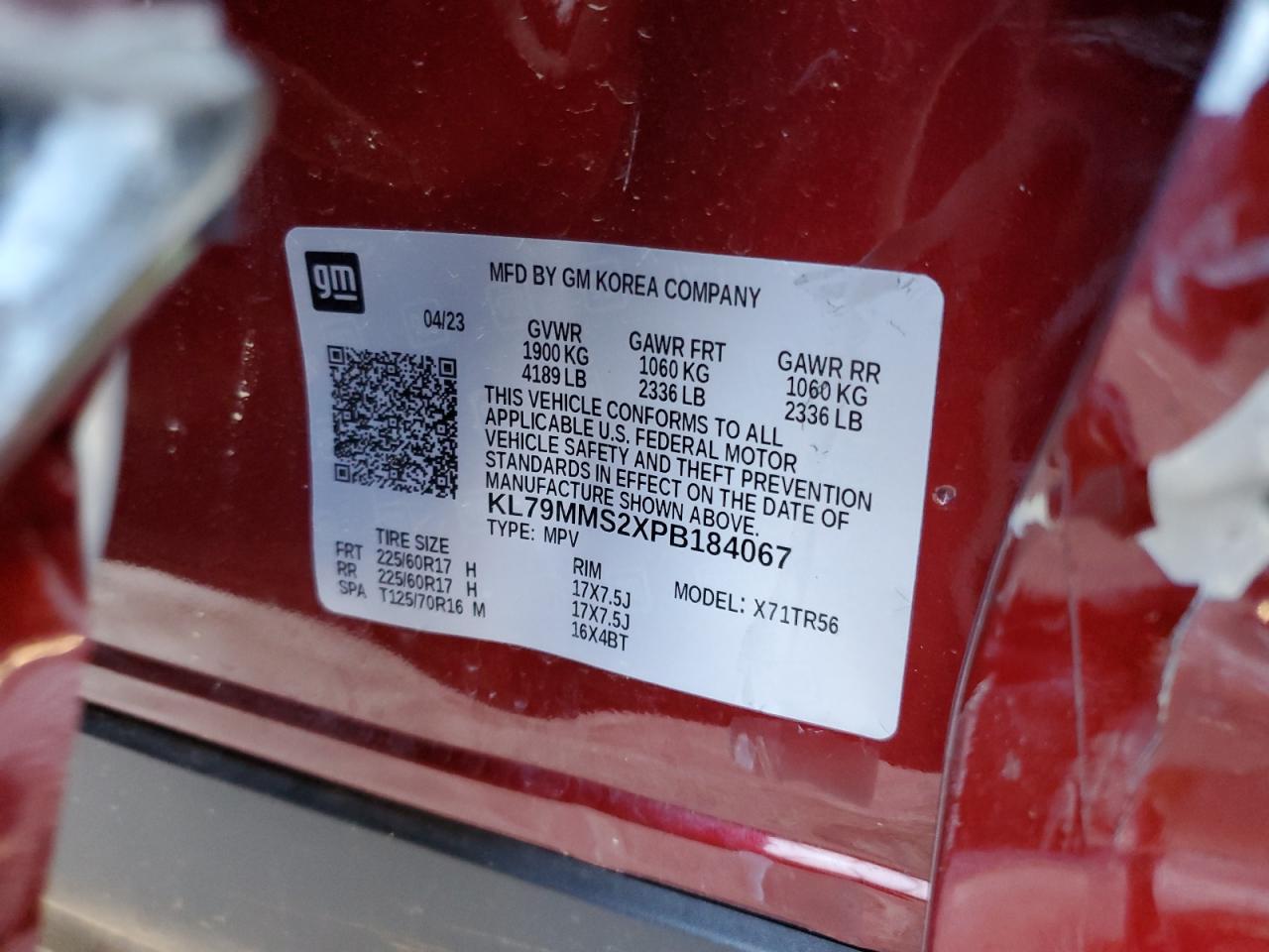 2023 CHEVROLET TRAILBLAZER LS VIN:KL79MMS2XPB184067