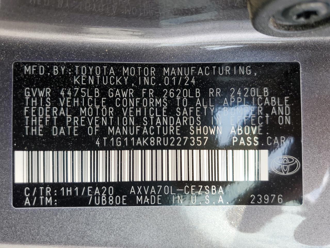 2024 TOYOTA CAMRY SE NIGHT SHADE VIN:4T1G11AK8RU227357