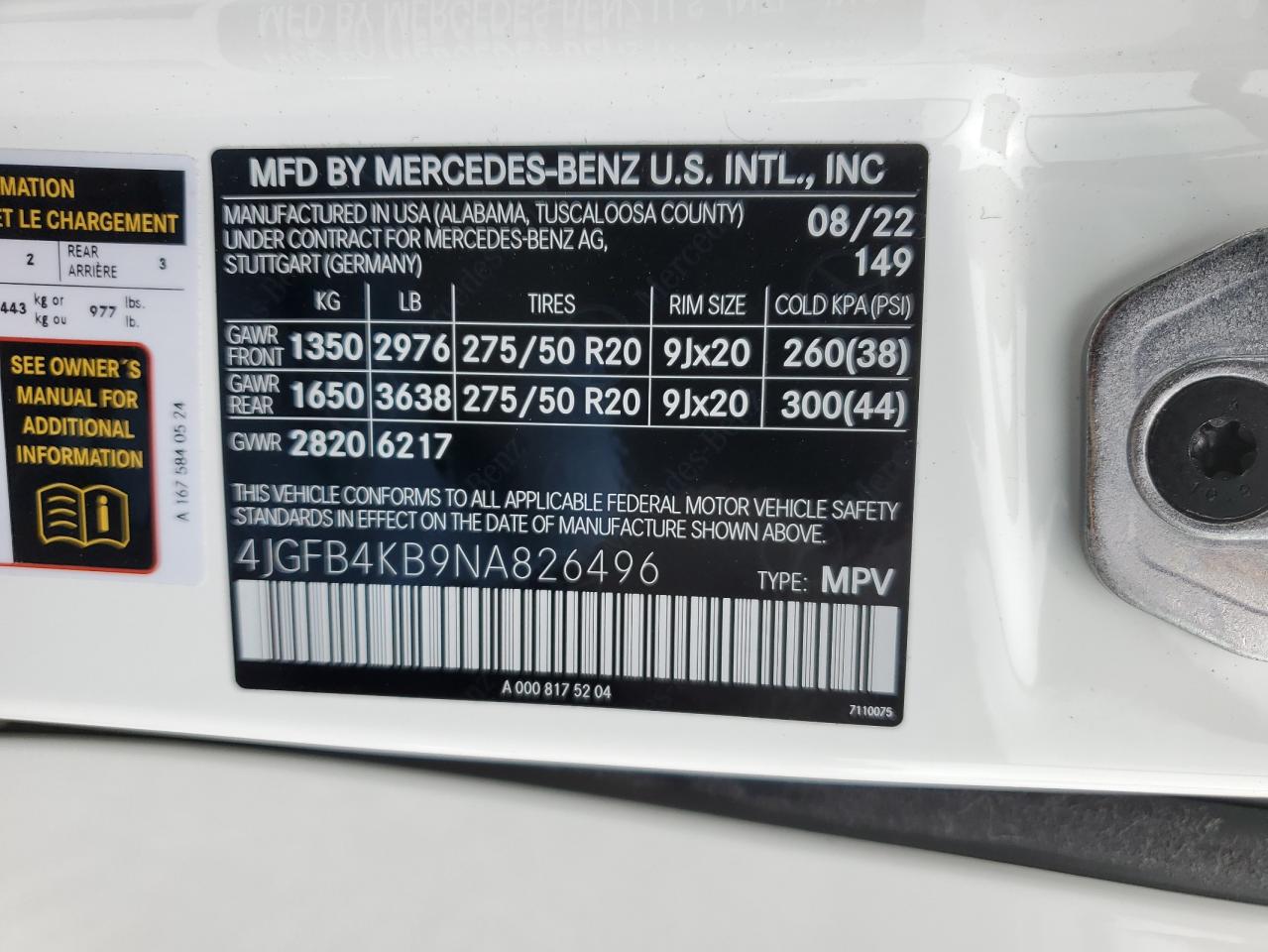 2022 MERCEDES-BENZ GLE 350 4MATIC VIN:4JGFB4KB9NA826496